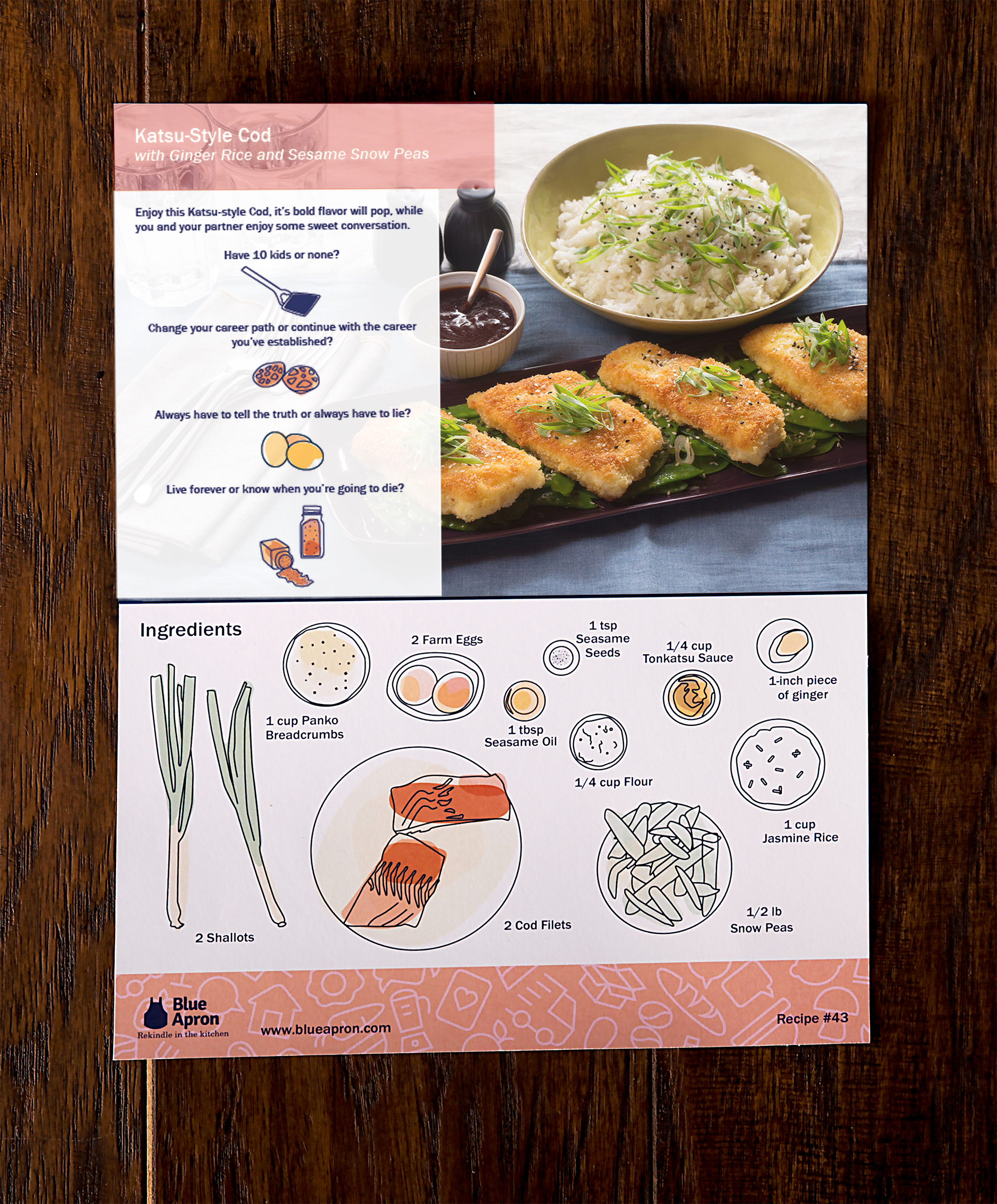 The recipe card includes conversation starters and simple instructions so the couple can connect while cooking.