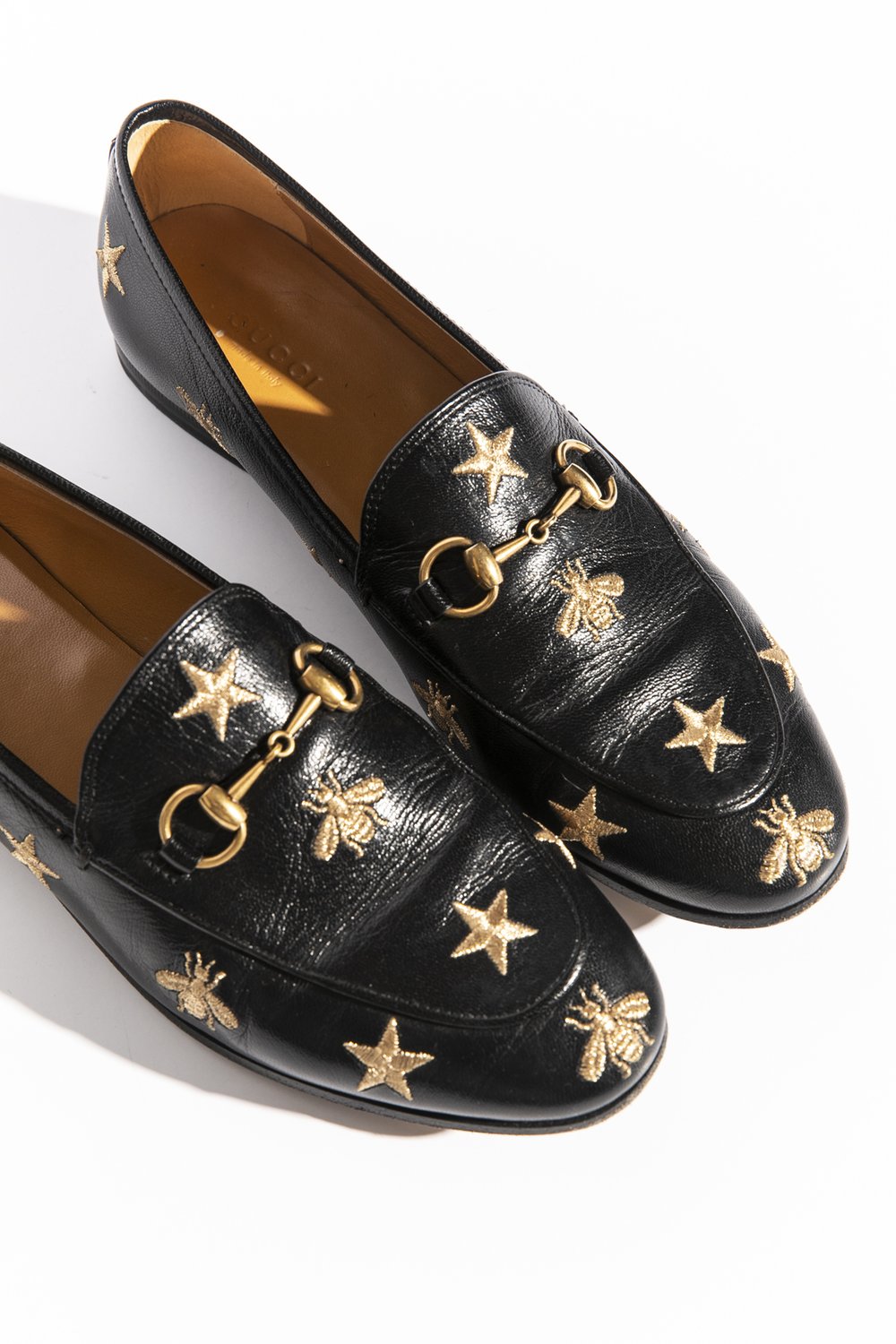 Gucci Black Leather Jordaan Embroidered Bee Horsebit Slip On Loafers Size  37