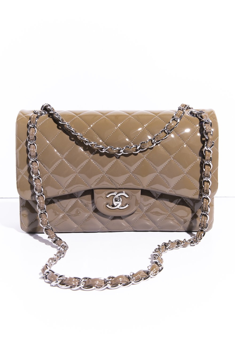 CHANEL Olive-Grey Patent Leather Jumbo Double Flap Bag — MOSS Designer  Consignment