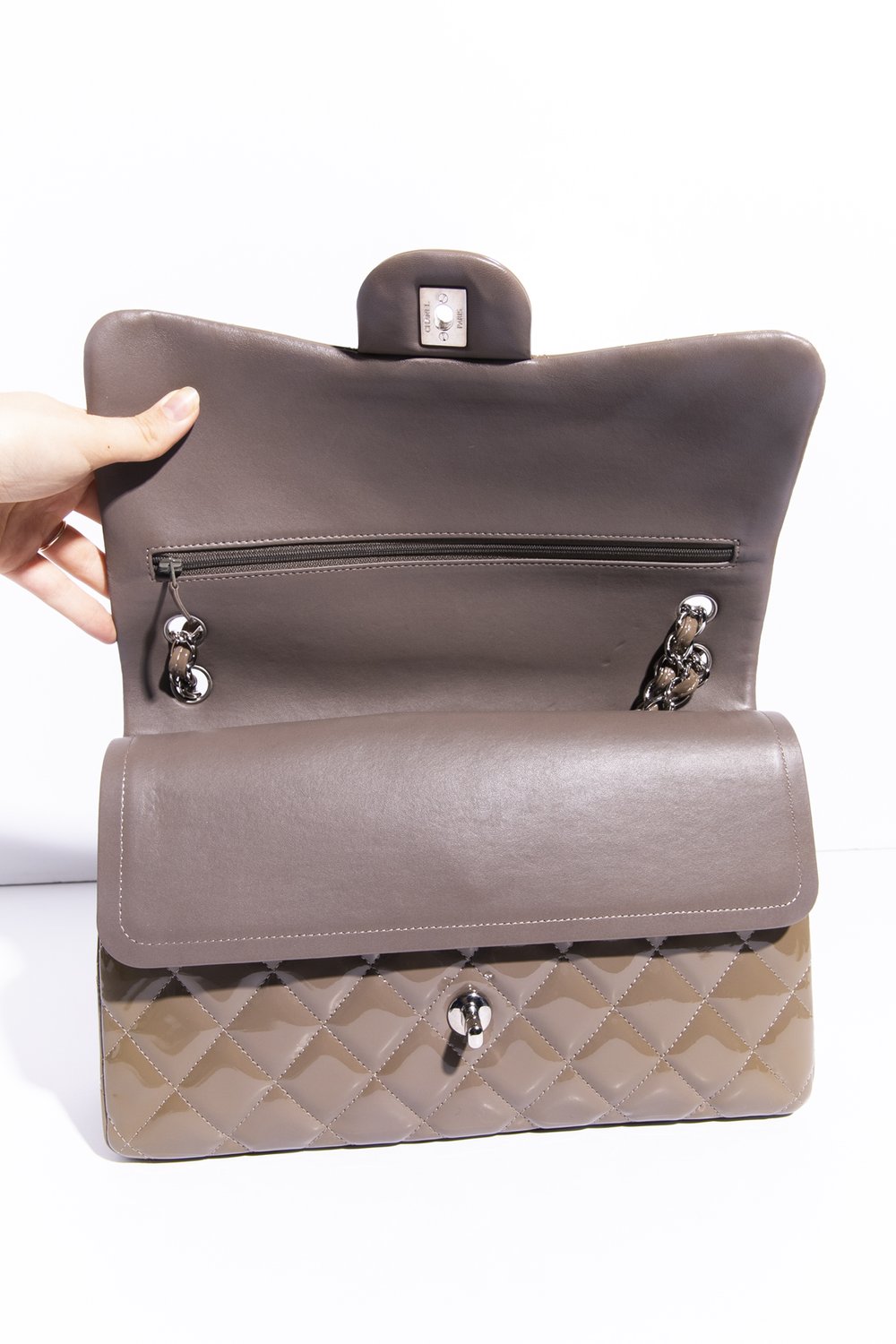 CHANEL Olive-Grey Patent Leather Jumbo Double Flap Bag — MOSS Designer  Consignment