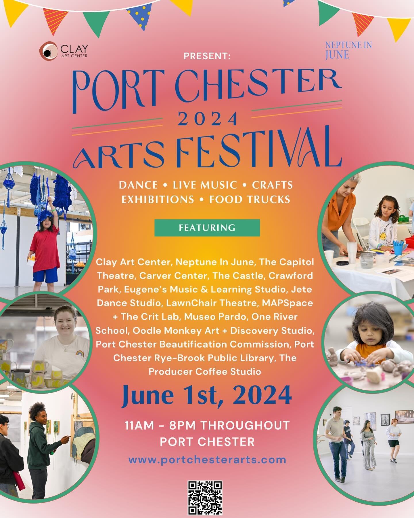 Mark your calendars! On June 1st, 2024 from 11am to 8pm, Clay Art Center and Neptune In June will present the Second Annual Port Chester Arts Festival! The festival celebrates the arts groups and artists that make Port Chester a creative and cultural
