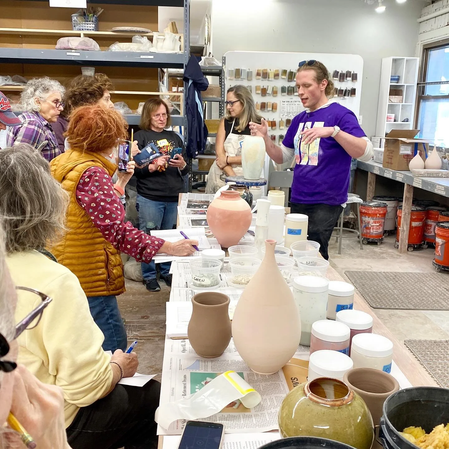 Thanks to Ed Myder for a terrific High-Fire Glaze Exploration workshop this afternoon at Clay Art Center! Students were kept busy and engaged with glaze tips, mixing, and creative application techniques. We can&rsquo;t wait to share the results after