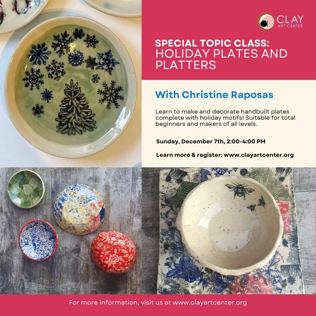 Looking for a fun and creative activity for the holidays? We have the perfect class for you at Clay Art Center!

Holiday Plates &amp; Platters with Christine Raposas takes place on Sunday, December 7th, from 2:00-4:00 PM

In this class, students will