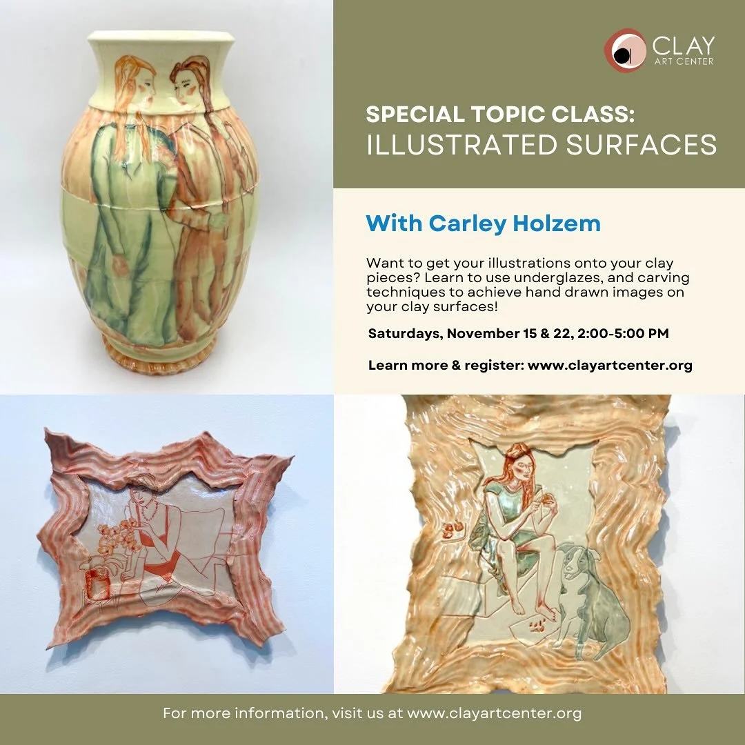 Want to get your illustrations onto your clay pieces? We have the class for you! Newly added to Clay Art Center&rsquo;s learning opportunities is &ldquo;Illustrated Surfaces&rdquo; with Artist-in-Residence Carley Holzem. 

Learn to use underglazes, a