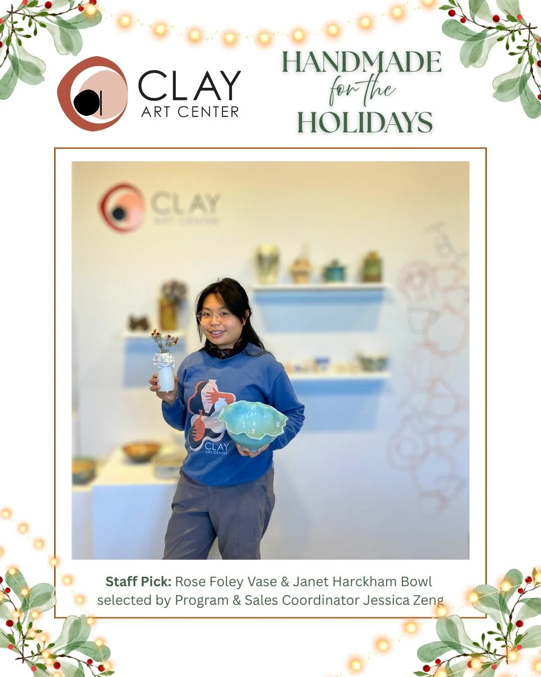 Handpicked from Handmade for the Holidays!

Clay Art Center Programs and Sales Coordinator Jessica Zeng shares her wish list of beautiful ceramics from our current shop and gallery holiday selection. Jessica chose:

Small Floral Vase | Rose Foley
Gre