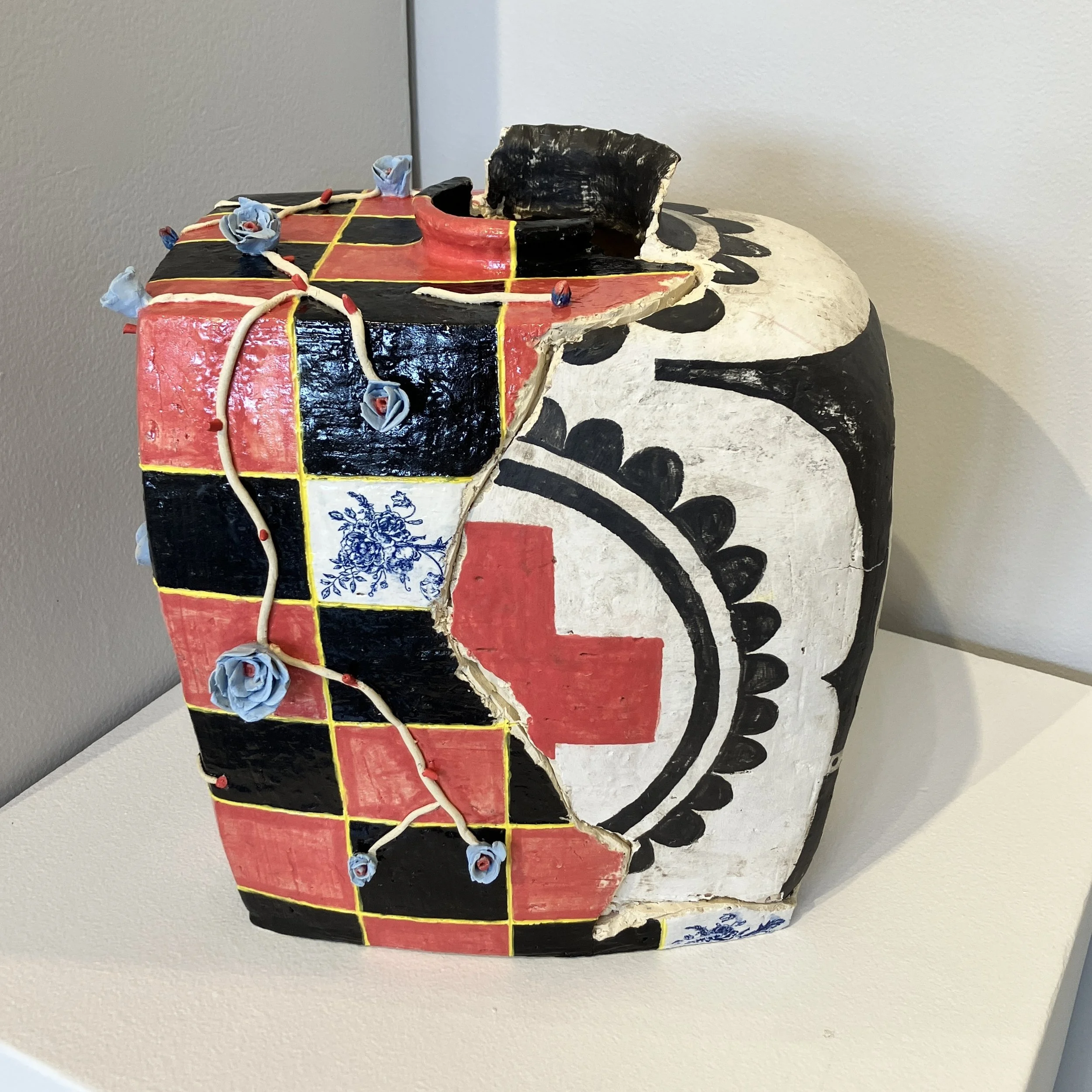 Fernando's large, abstract, black, red, and white vase