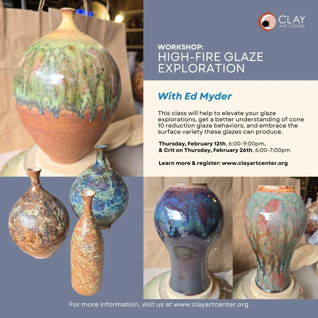 Just Added! High-Fire Glaze Exploration with Ed Myder. Clay Art Center Special Topic class, Thursday, February 12, 6:00-9:00 PM.

Take control of your glazing for cone 10 reduction firing, learn to prevent run offs, and explore the chemistry behind a