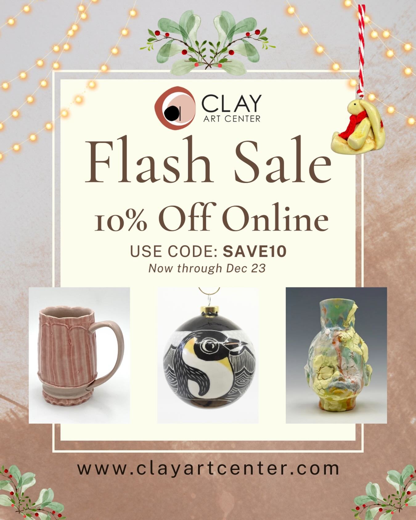 10% off Holiday Shopping at Clay Art Center Starts NOW

Warm up with the glow of a new piece of pottery, ceramic gift, or seasonal ornament from Clay Art Center Shop. Use code SAVE10 online to shop and save now through December 23. 

From cozy mugs t