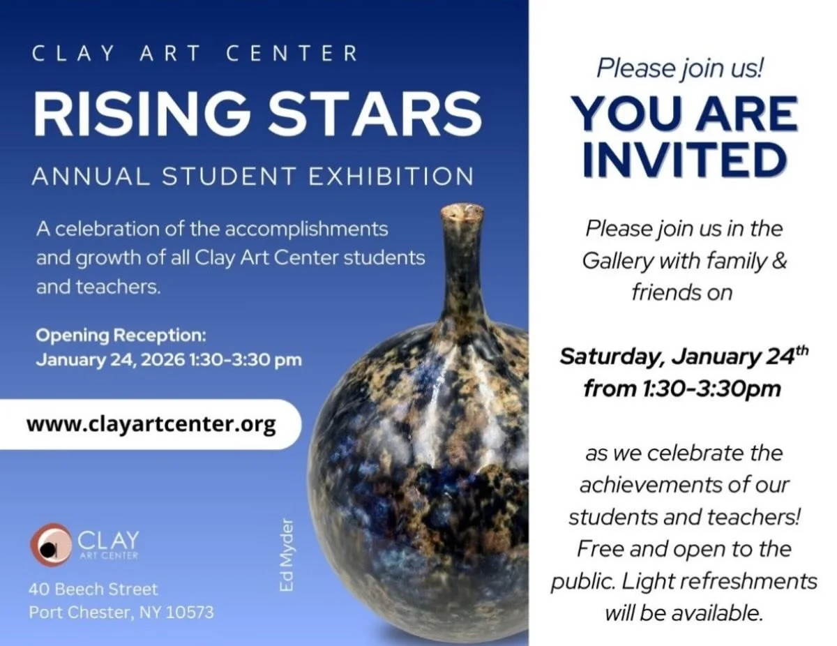 Save the date! Rising Stars Annual Student Exhibition!

Please join us for a family-friendly Opening Reception on Saturday, January 24th, 1:30 - 3:30 pm, including tours of our artist studios, classrooms, and firing facilities. This is a great opport