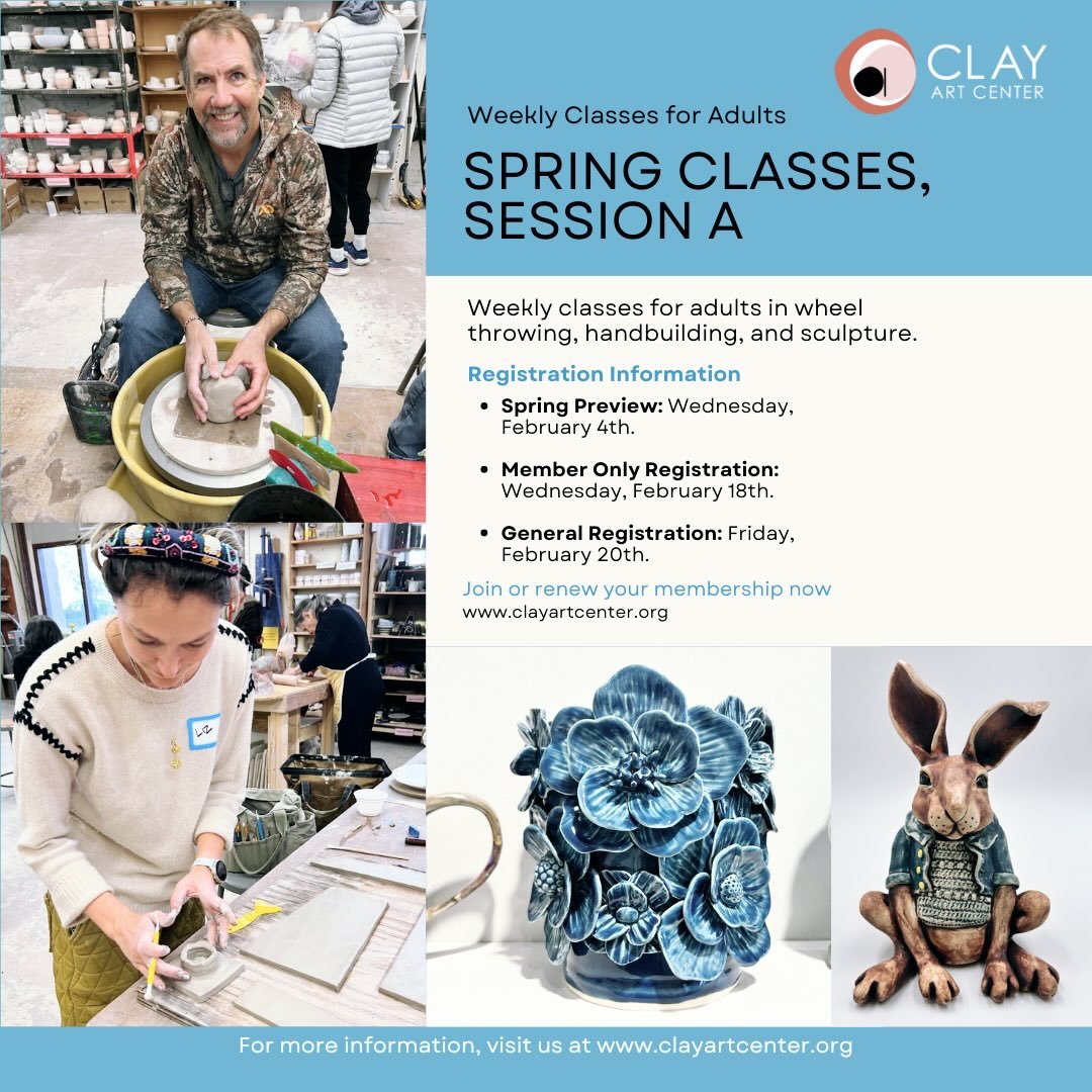Our Spring Classes Preview is here!

Now is your chance to look ahead at Session A weekly class offerings in wheel-throwing, handbuilding, and sculpture for adults this spring. Plan ahead to learn a new creative hobby, or develop your current skills 