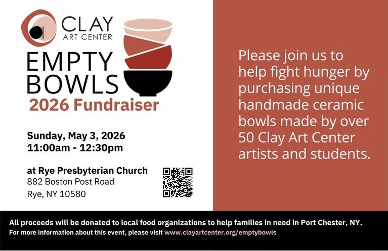 Our Super Bowl - Save the date for Empty Bowls Fundraiser! 

Join Clay Art Center at Rye Presbyterian Church on Sunday, May 3rd from 11am - 12.30pm to help fight food insecurity in our community. 

For more than 25 years, Clay Art Center has particip