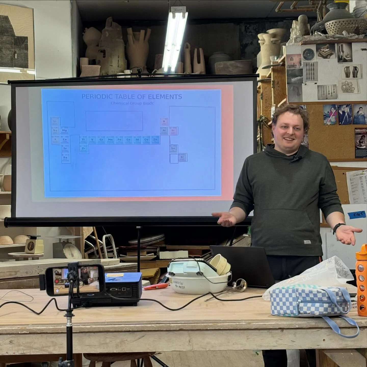 Today our Artist Program community was treated to a lecture on glaze chemistry and mixing tips from Clay Art Center Studio Manager August Brosnahan. Artists received an overview of glaze components, tools for mixing, and best practices for achieving 