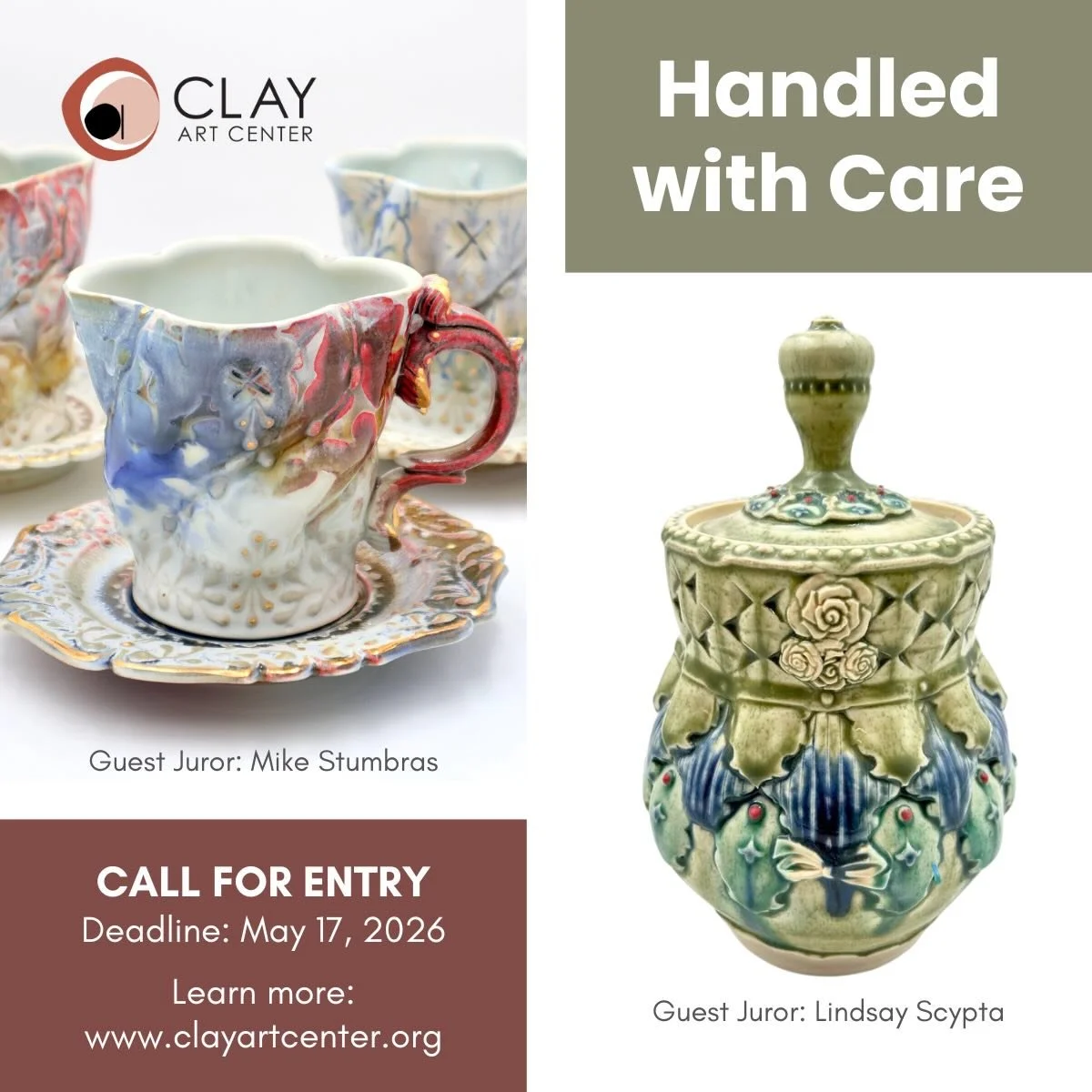 Opportunity for artists!

Functional Fall: Handled with Care
Submissions Due: Sunday, May 17, 2026

The fourth annual Functional Fall exhibition at Clay Art Center, guest-juried by past Artists-in-Residence Lindsay Scypta and Mike Stumbras, will feat