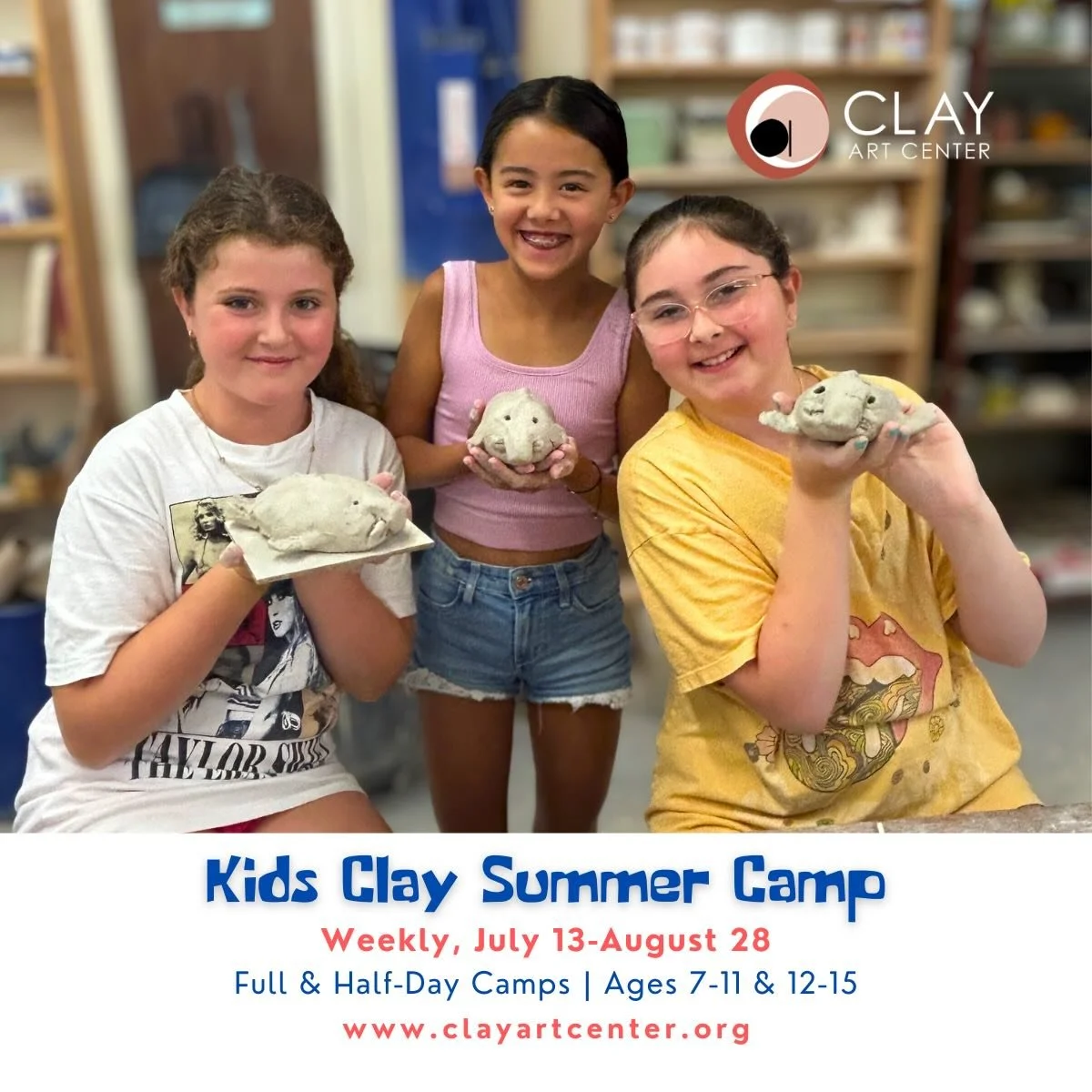 Summer Camps at Clay Art Center! 

Our award-winning  𝘄𝗲𝗲𝗸𝗹𝘆 𝗰𝗹𝗮𝘆 𝘀𝘂𝗺𝗺𝗲𝗿 𝗰𝗮𝗺𝗽𝘀 𝗳𝗼𝗿 𝗸𝗶𝗱𝘀 𝗮𝗴𝗲𝘀 𝟳-𝟭𝟭, 𝗮𝗻𝗱 𝟭𝟮-𝟭𝟱 will bring your family a summer of creativity and fun they will never forget! Ages 7-11 will focus 
