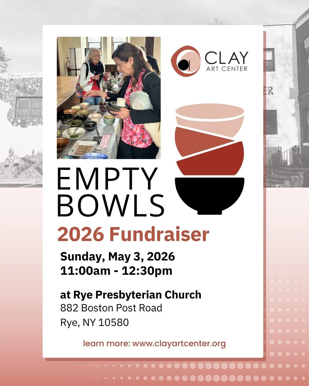 Join Clay Art Center at Rye Presbyterian Church to help fight food insecurity in our community! 

Empty Bowls is an international grassroots movement addressing hunger. For more than 25 years, Clay Art Center has mobilized hundreds of community membe