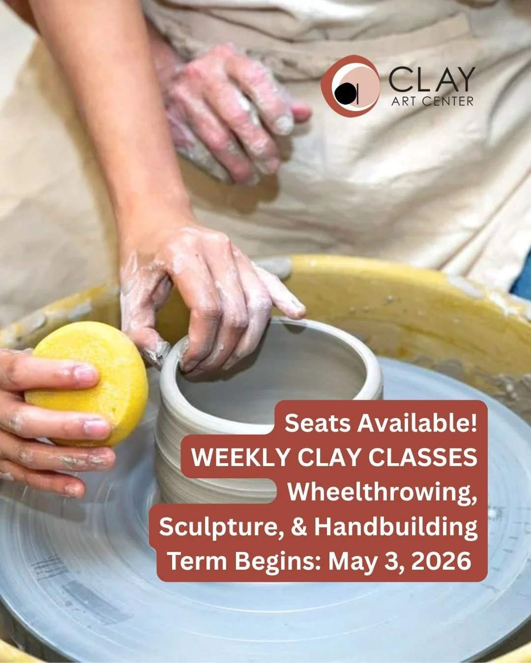 A Few Seats Remain for Weekly Classes for Adults at Clay Art Center!

Make this spring a creative one with a clay class learning to throw pottery on the wheel, exploring handbuilding with clay, or making clay sculpture!

Just a few places remain in t