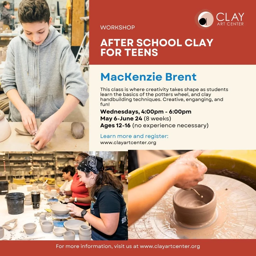 NEW!! Weekly Clay Class for Teens at Clay Art Center

After School Clay for Teens with MacKenzie Brent is where creativity takes shape! This class introduces the potter&rsquo;s wheel (it&rsquo;s as fun as it looks) and various handbuilding techniques