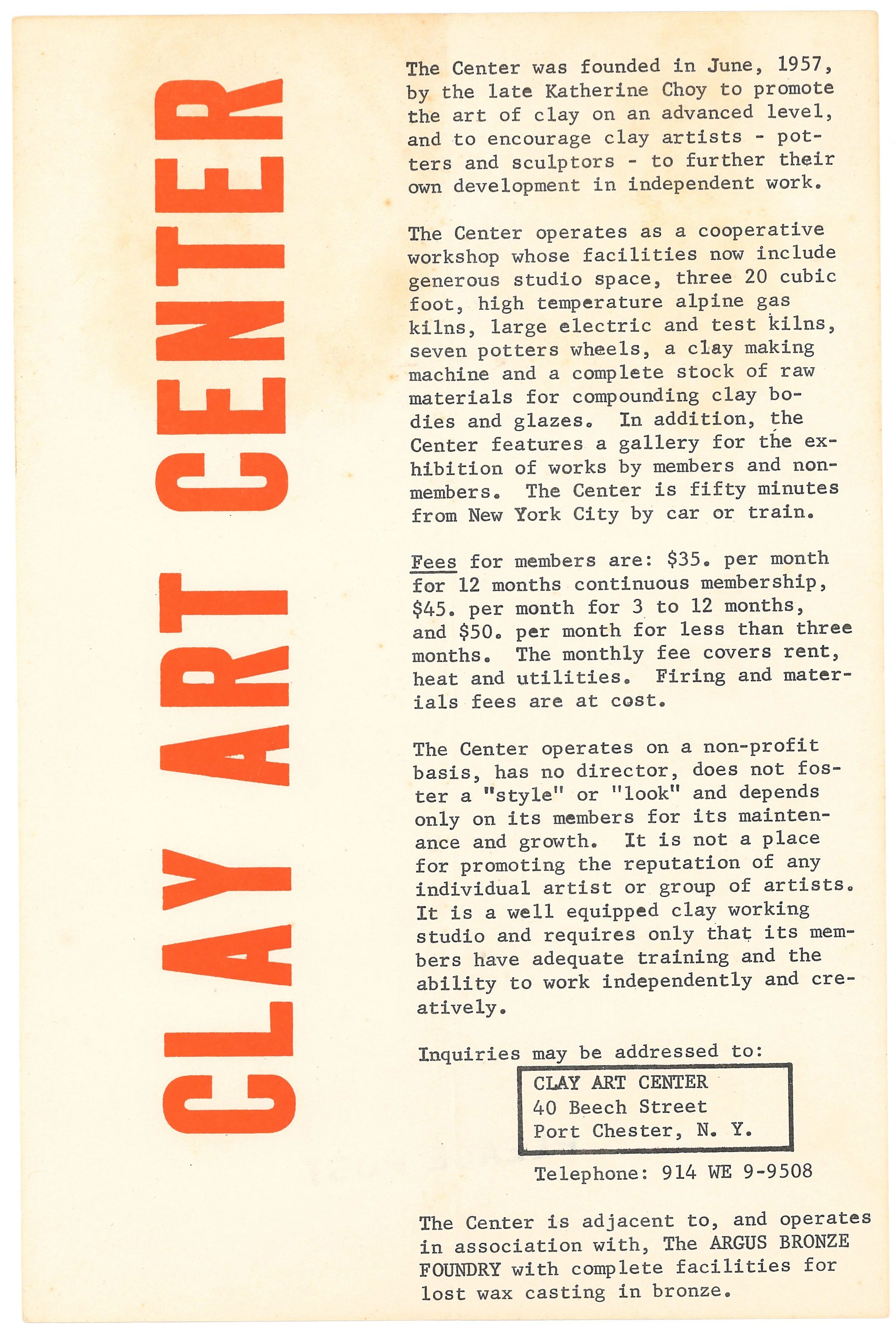 Clay Art Center Flyer, circa 1958