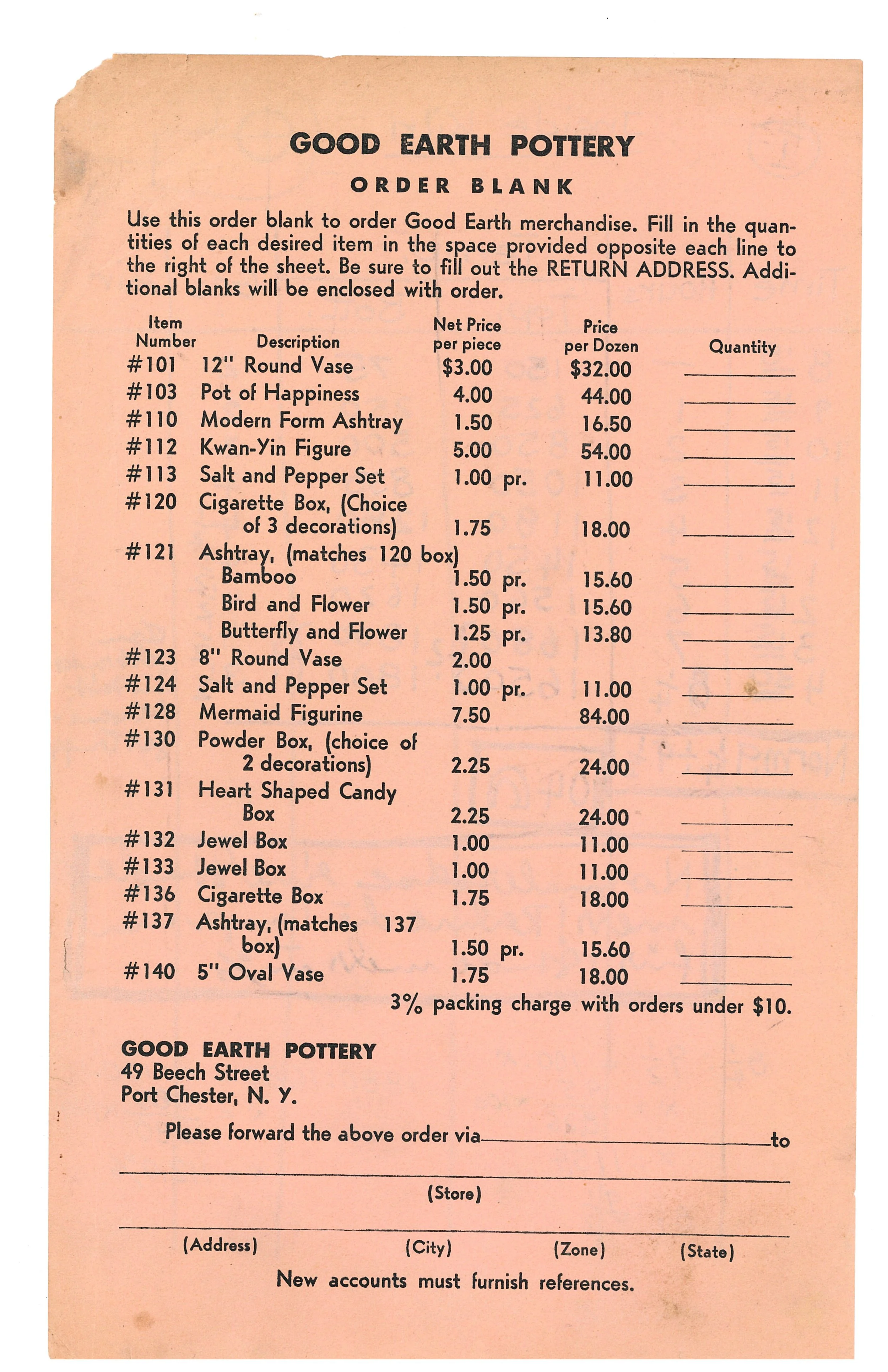 Good Earth Pottery Blank Order Form
