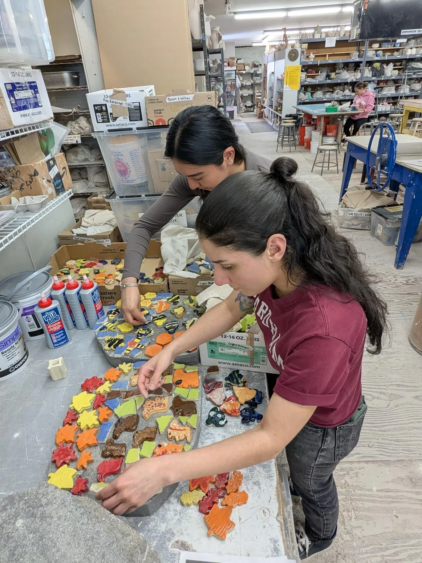 The Community Arts team was hard at work this week arranging tiles for a stepping-stone mosaic project for Edison Elementary School in Port Chester. What makes this project so special is that we have two graduates of Port Chester schools helping to c
