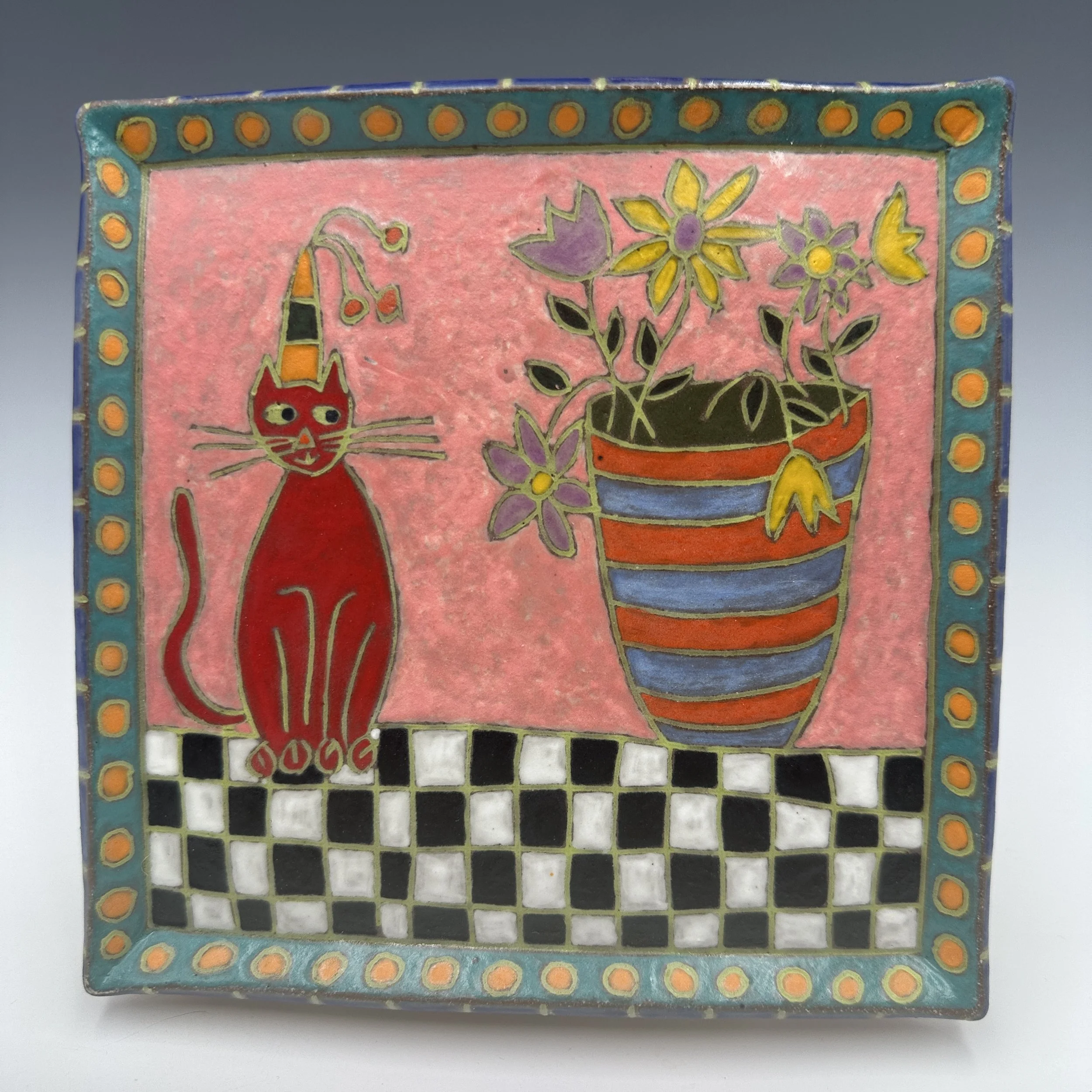 Mara Gross Matte Red Cat with Purple and Yellow Flowers Plate