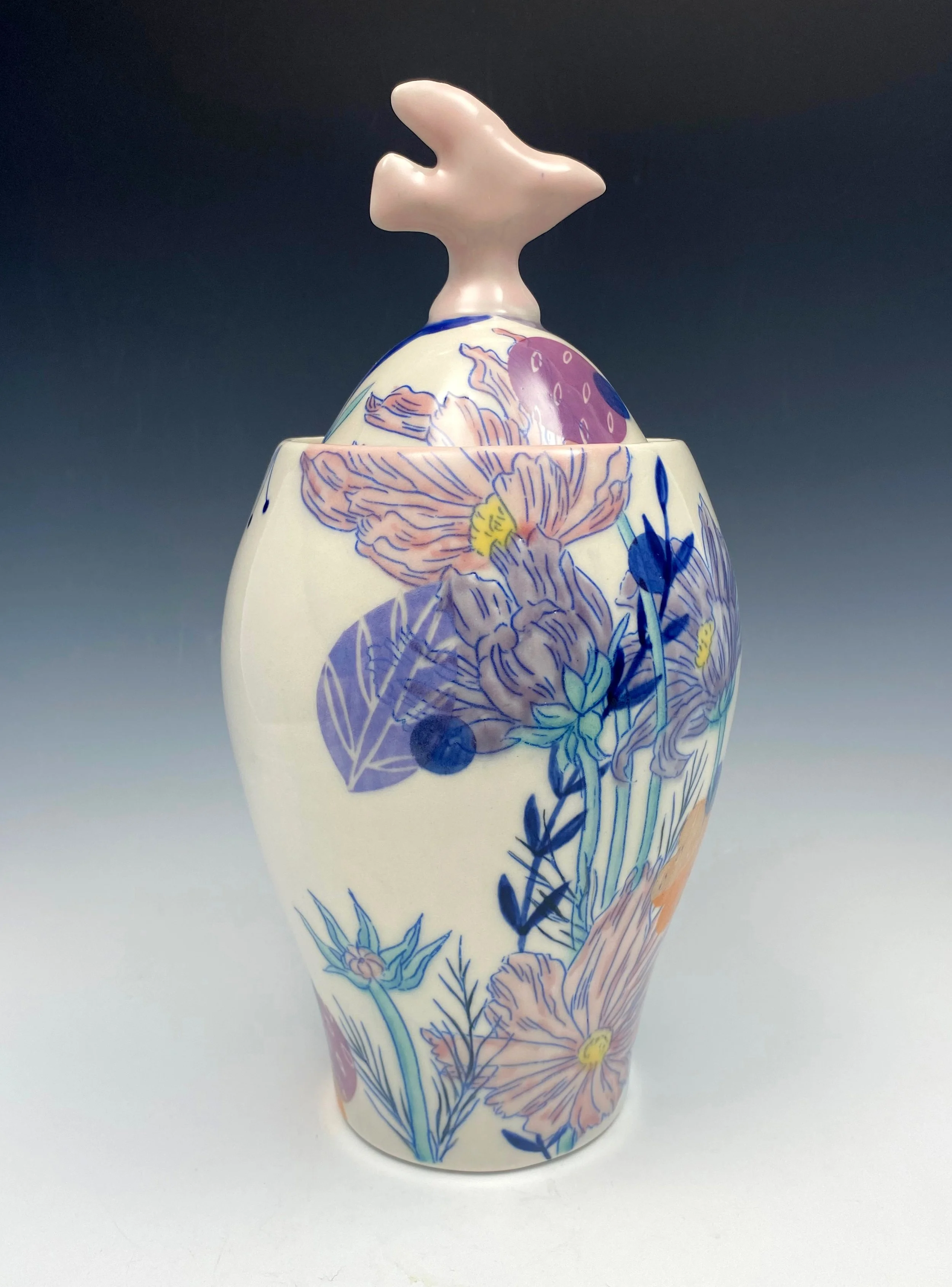 Asta Bubliene Jar with Cosmos Flowers and Bird