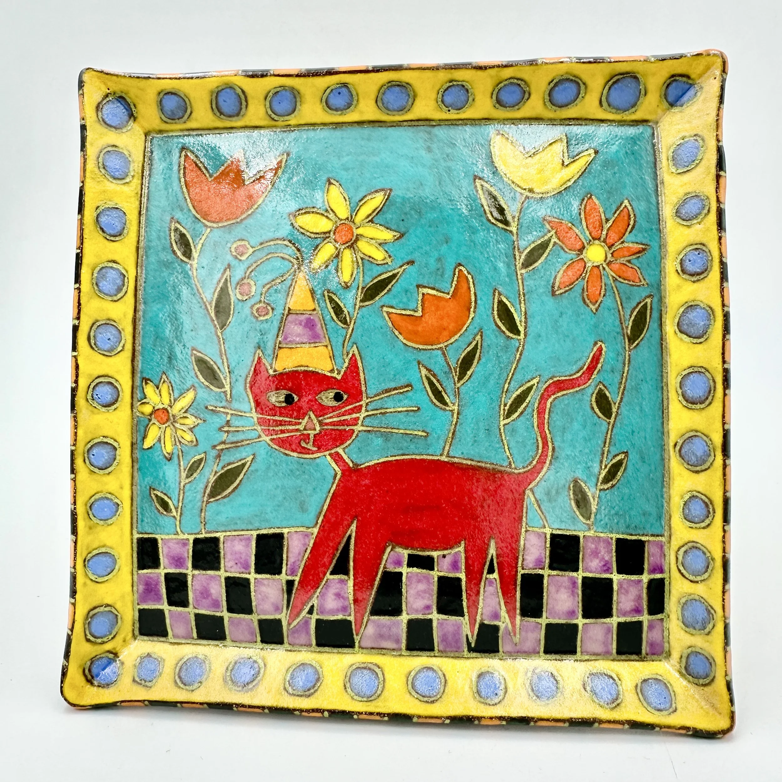 Mara Gross Red Cat with Flowers Plate