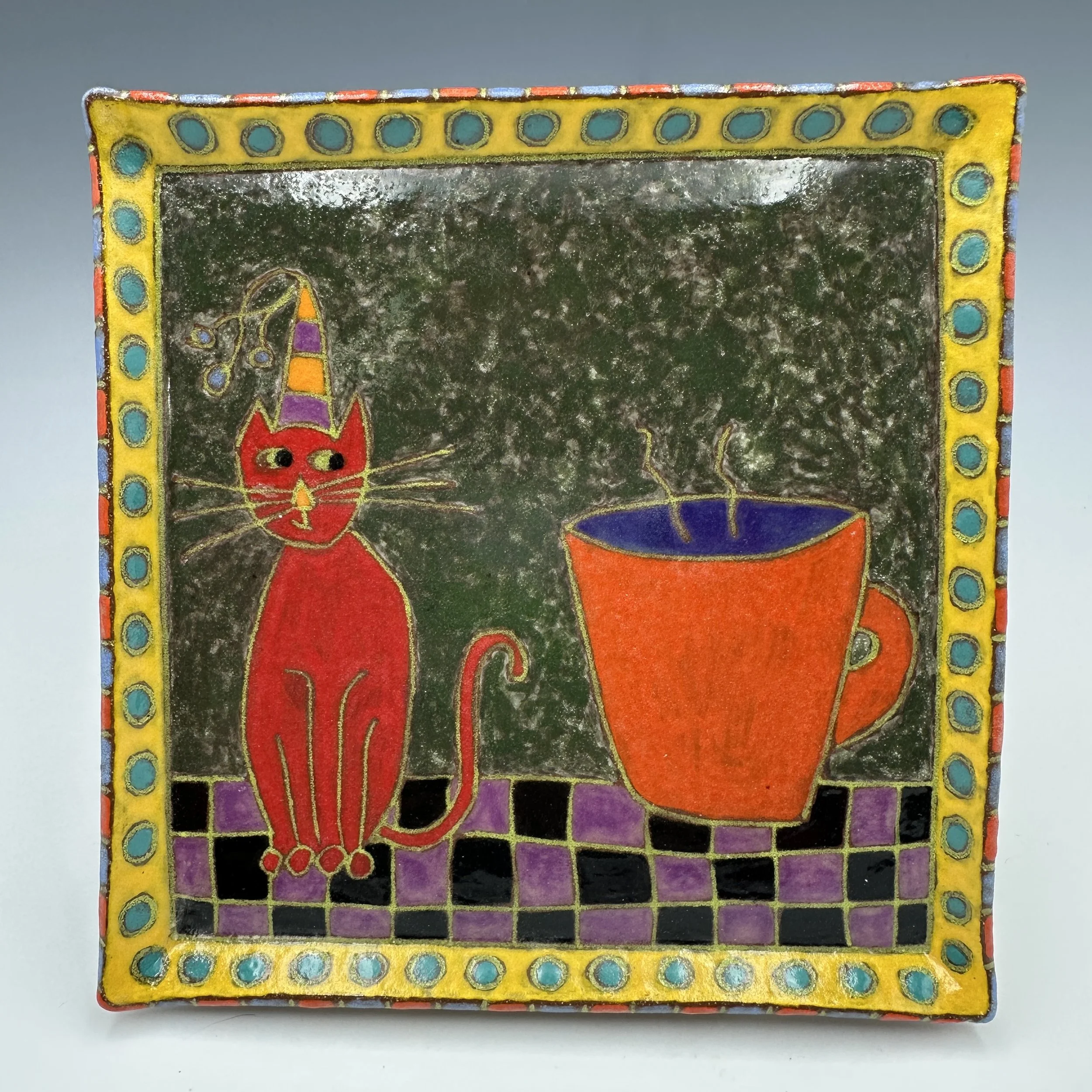 Mara Gross Red Cat with Orange Coffee Cup Plate