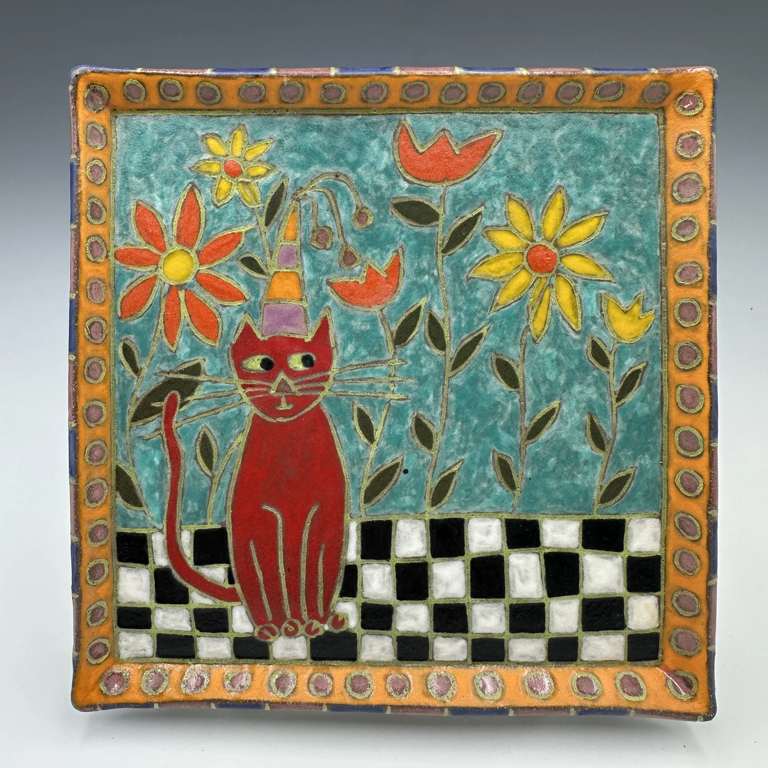 Mara Gross Matte Red Cat with Flowers Plate