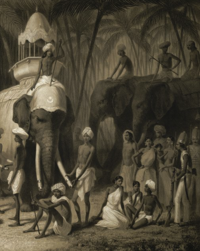 Detail of lithograph showing the group of people gathered to watch the scene along with soldiers of the British East India Company.