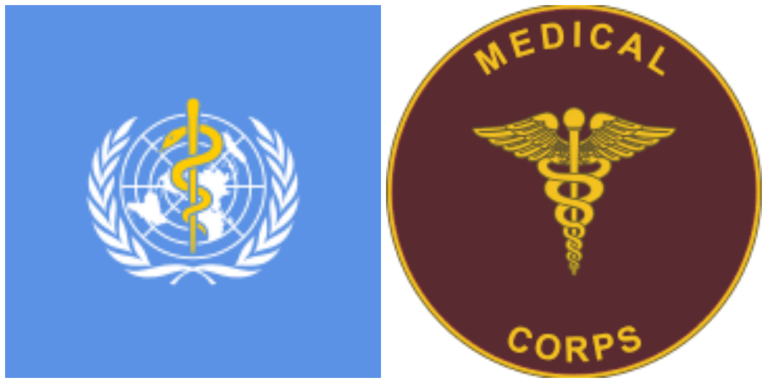 Left: Emblem of United Nations World Health Organization (showing rod of Asclepius at the center); Right: Emblem of US Army Medical Corps from 1906 displaying Caduceus
