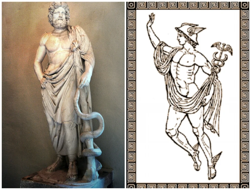 Left: Greek God of Medicine, Asclepius, with his Rod; Right: Mercury with his staff, the Caduceus.
