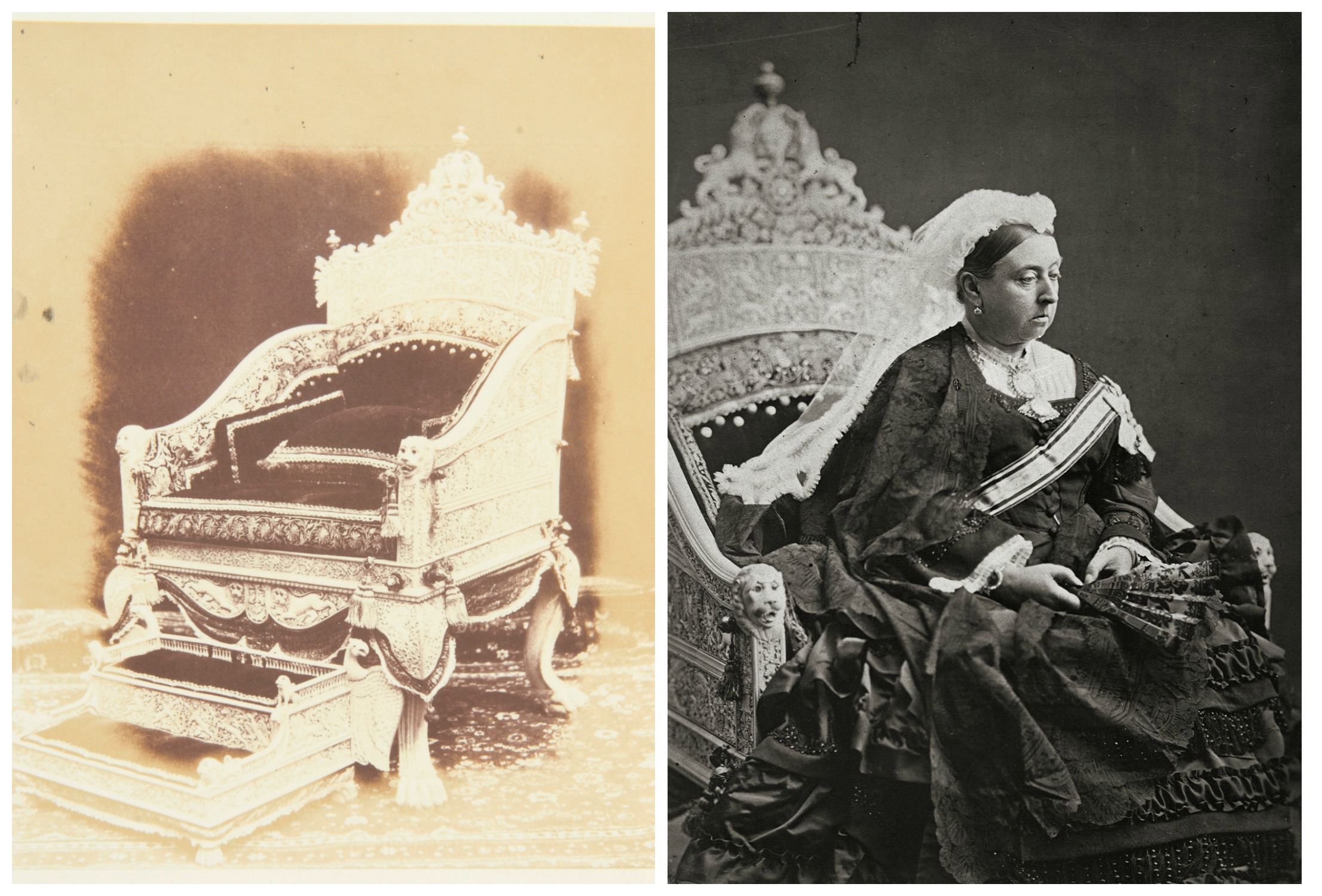 Left: Ivory Throne and Footstool, 1851; RIght: Official Portrait of Queen Victoria as 'Empress of India' on Ivory Throne, 1876 (Images: Royal Collection Trust/© Her Majesty Queen Elizabeth II 2016 )