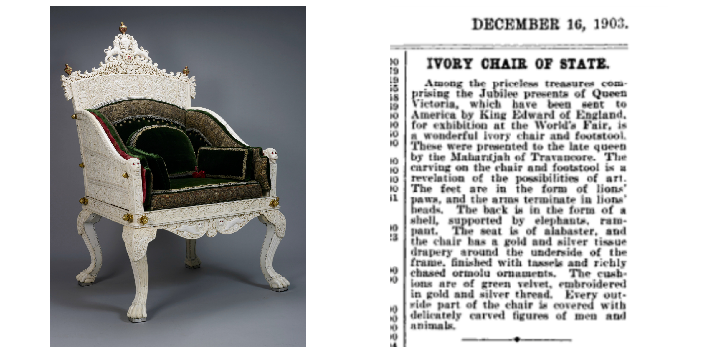 Right: Cut-out from The Insurance Press vol.17, December 16, 1903, page 12, Publisher: F. Webster (From New York Public Library, Digitized by Google ); Left: Ivory Throne, Windsor Castle, UK, copyright: Royal Collection Trust