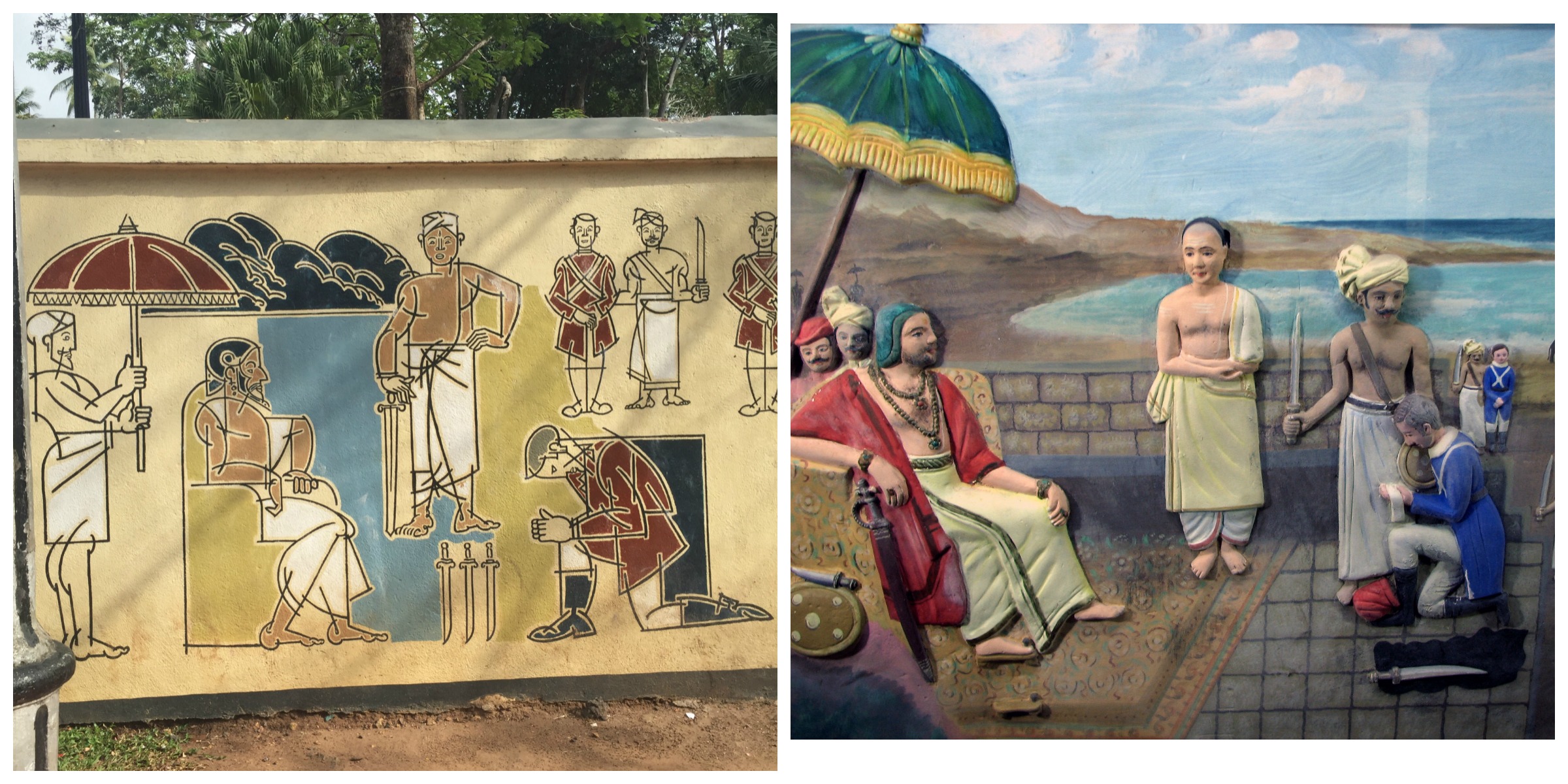 De Lannoy's surrender to Marthanda Varma (Left: mural; Right: painting at Padmanabhapuram Palace museum, c.2000s)