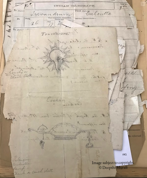 The first set of sketches sent by British Resident Mac Gregor. Top: sketch for Travancore banner. Below: Sketch for Cochin banner. Image File source details provided at the end of the post. 