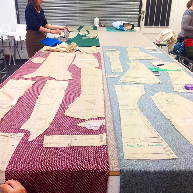 A few of our improver students from this Monday's class. Pinning their coat patterns on to final fabrics #sewing #school #class #course  #improve #learn #develop #students #patterns #fabric #wool #cutting #dressmaking #reigate #redhill #local #surrey