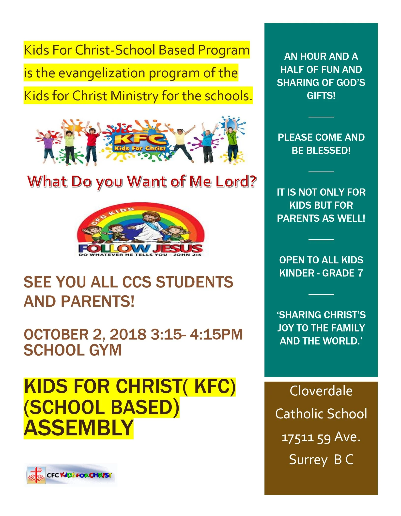 Kids for Christ is Coming to CCS
