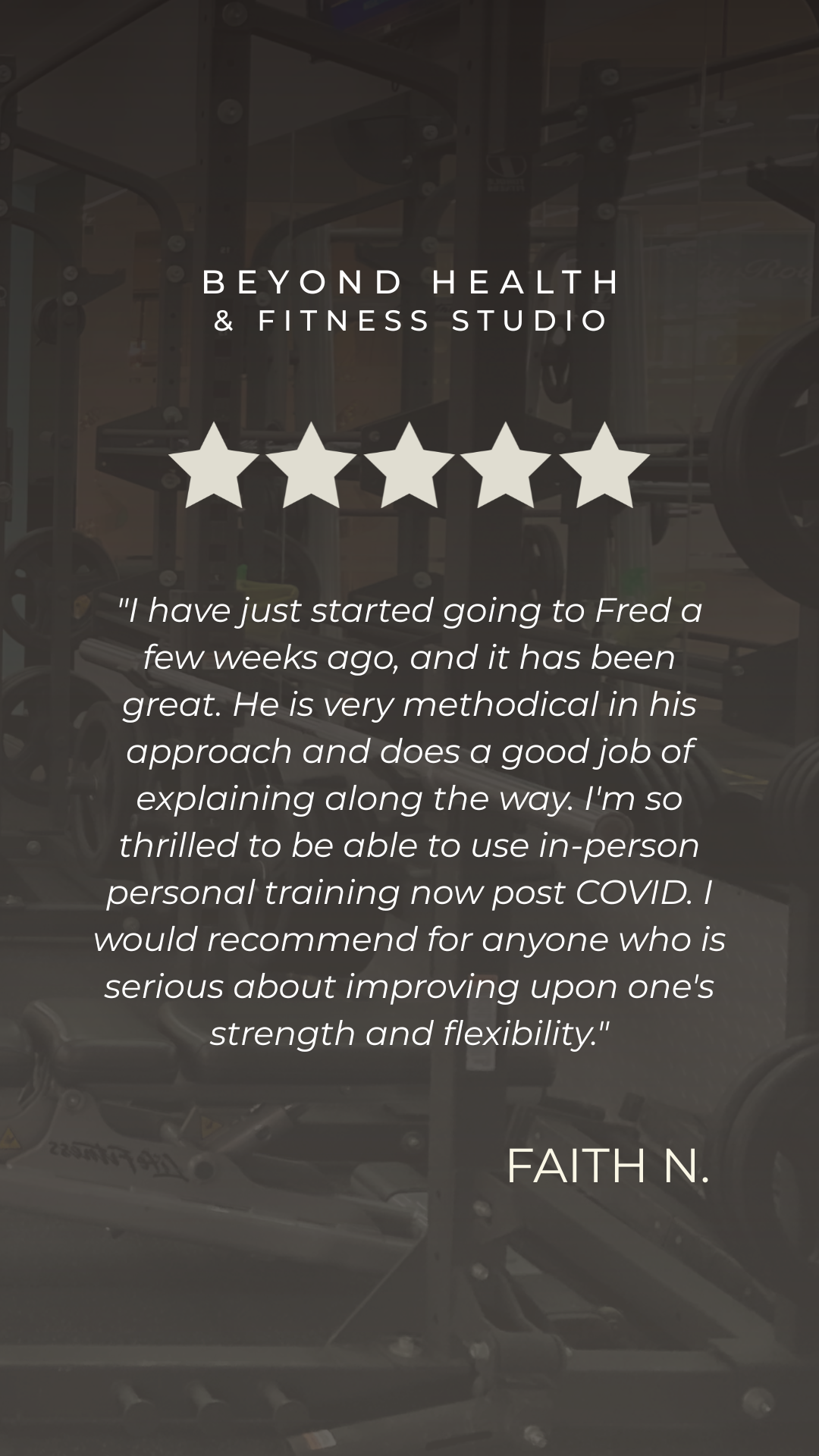 Fitness studio gym equipment with a quote about personal training and a five-star rating.