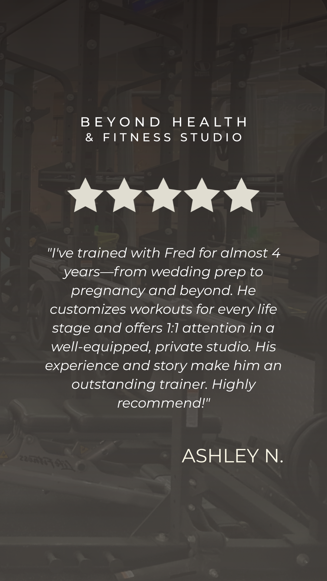 A gym with workout equipment and a review for Beyond Health & Fitness Studio