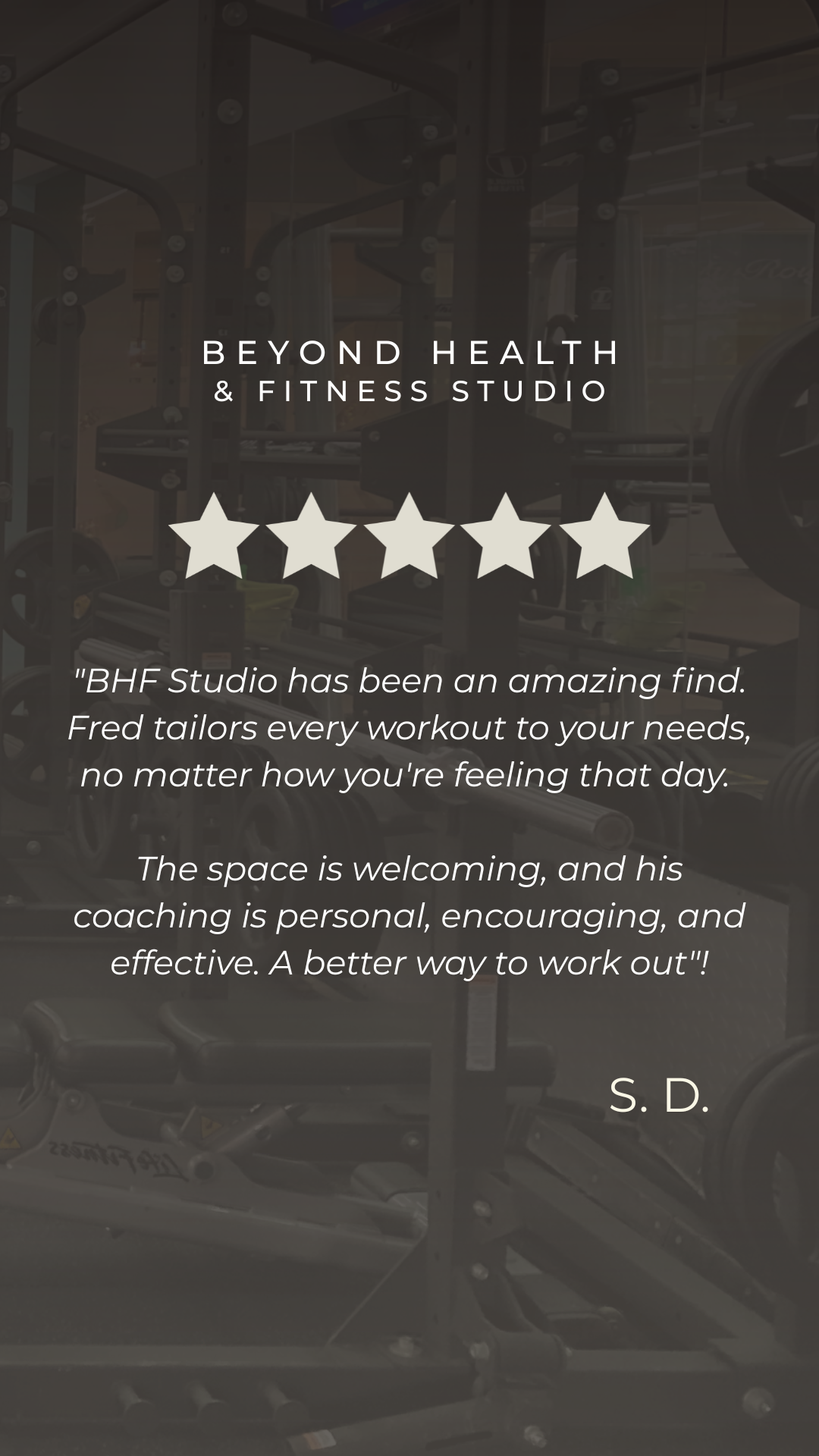 A fitness studio with workout equipment visible in the background, overlaid with a review about Beyond Health & Fitness Studio, featuring a five-star rating and a testimonial comment.