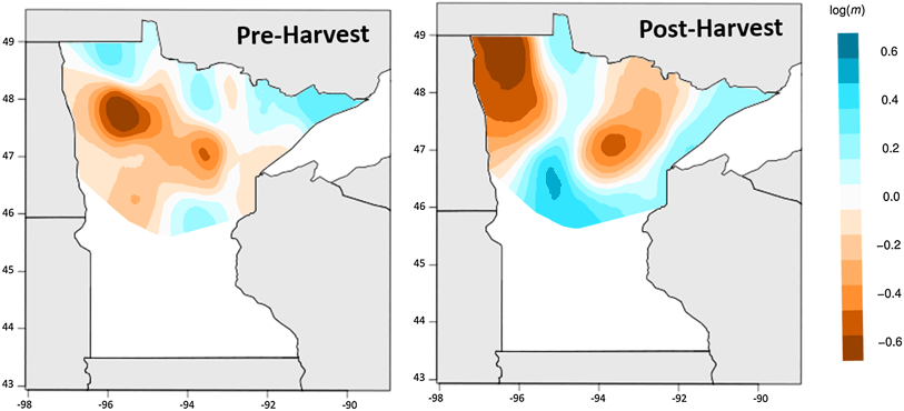 Figure 4 from Rick et al. 2017 , showing heat maps of areas of resistance to gene flow (orange) and corridors to gene flow (blue) in the Minnesota wolf population before and after harvest.
