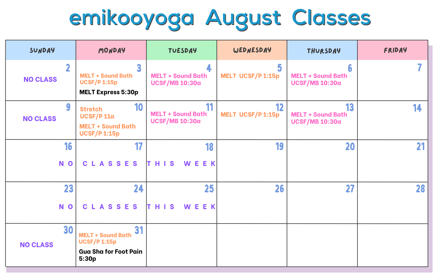 emikooyoga August 2026 class calendar