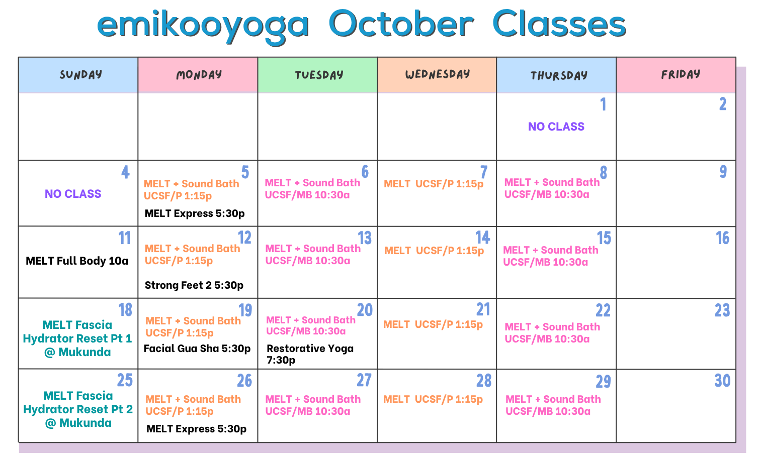 emikooyoga October 2026 class calendar