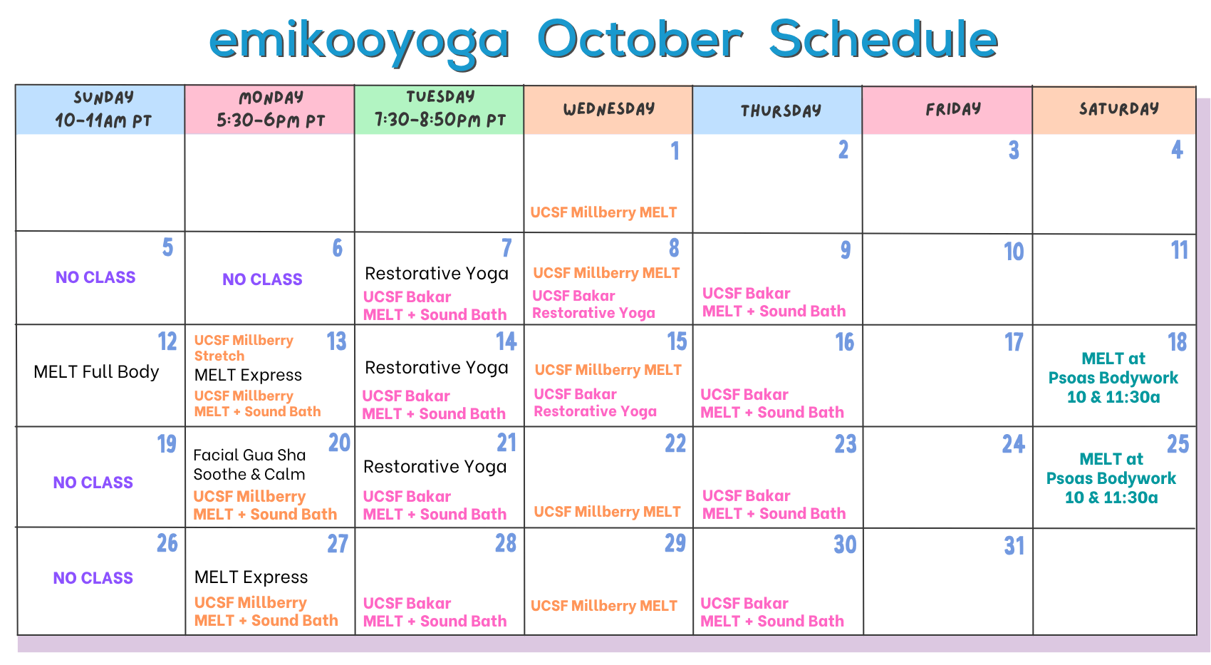 emikooyoga October 2025 calendar