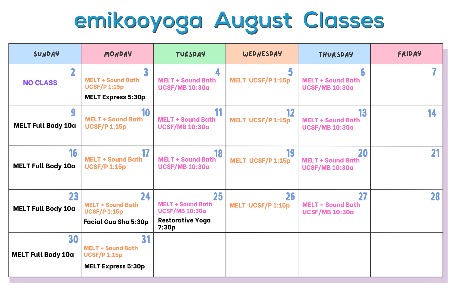 emikooyoga August 2026 class calendar
