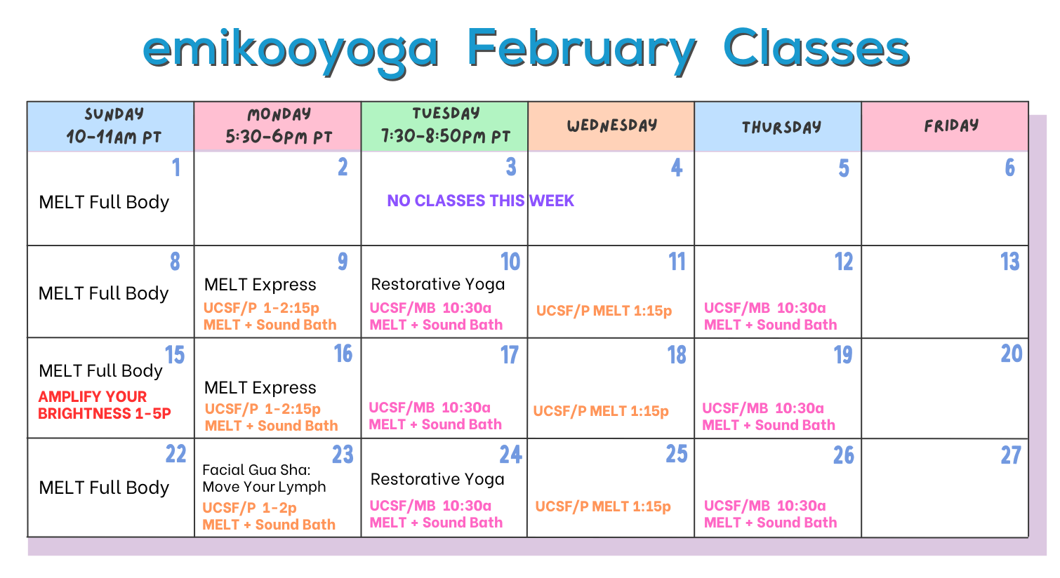 emikooyoga February 2026 class calendar