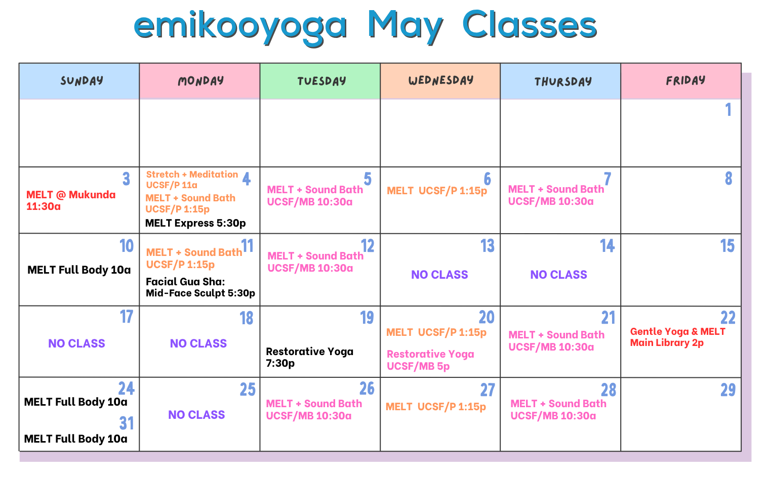 emikooyoga MAY 2026 class calendar