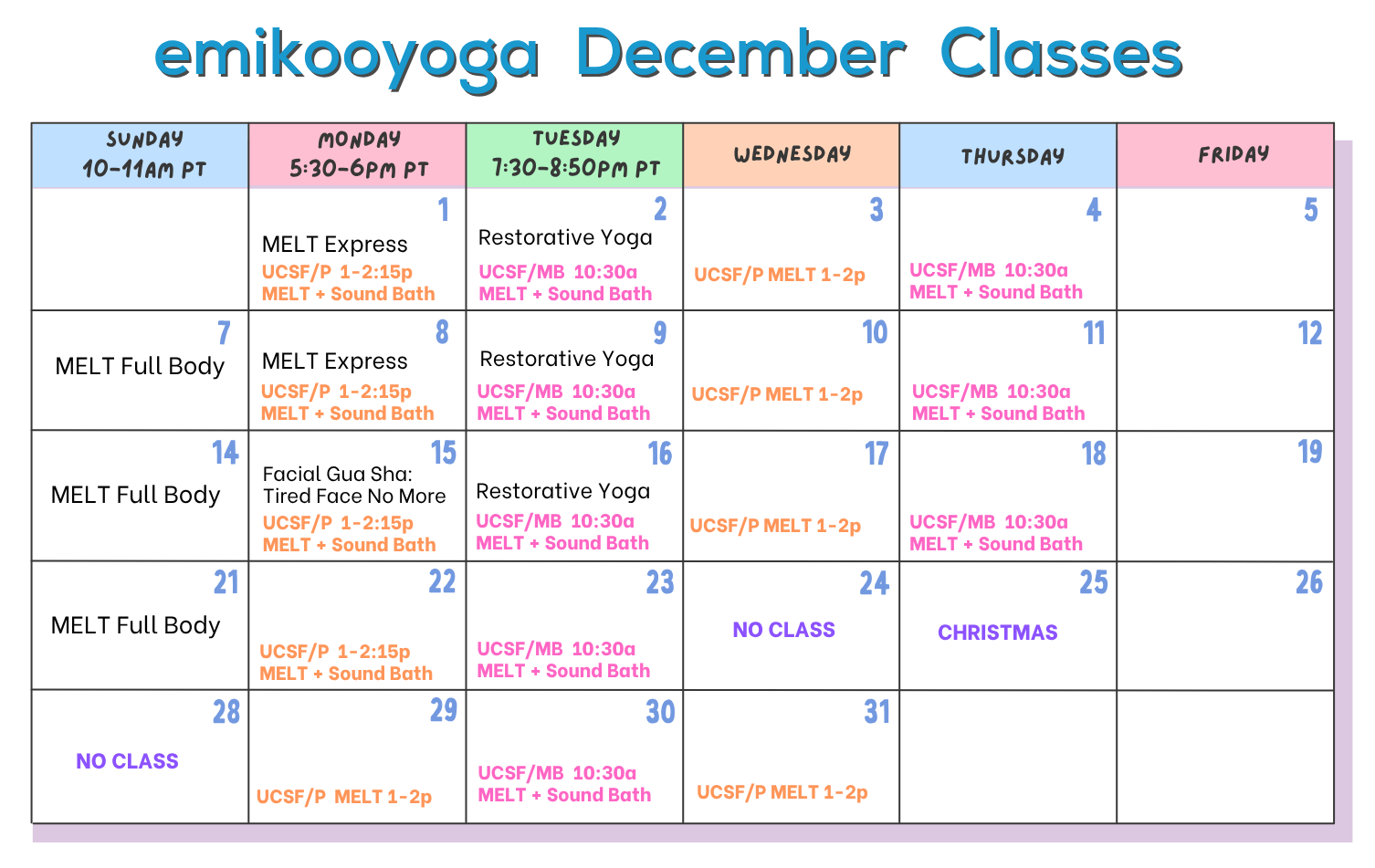 emikooyoga December 2025 class calendar
