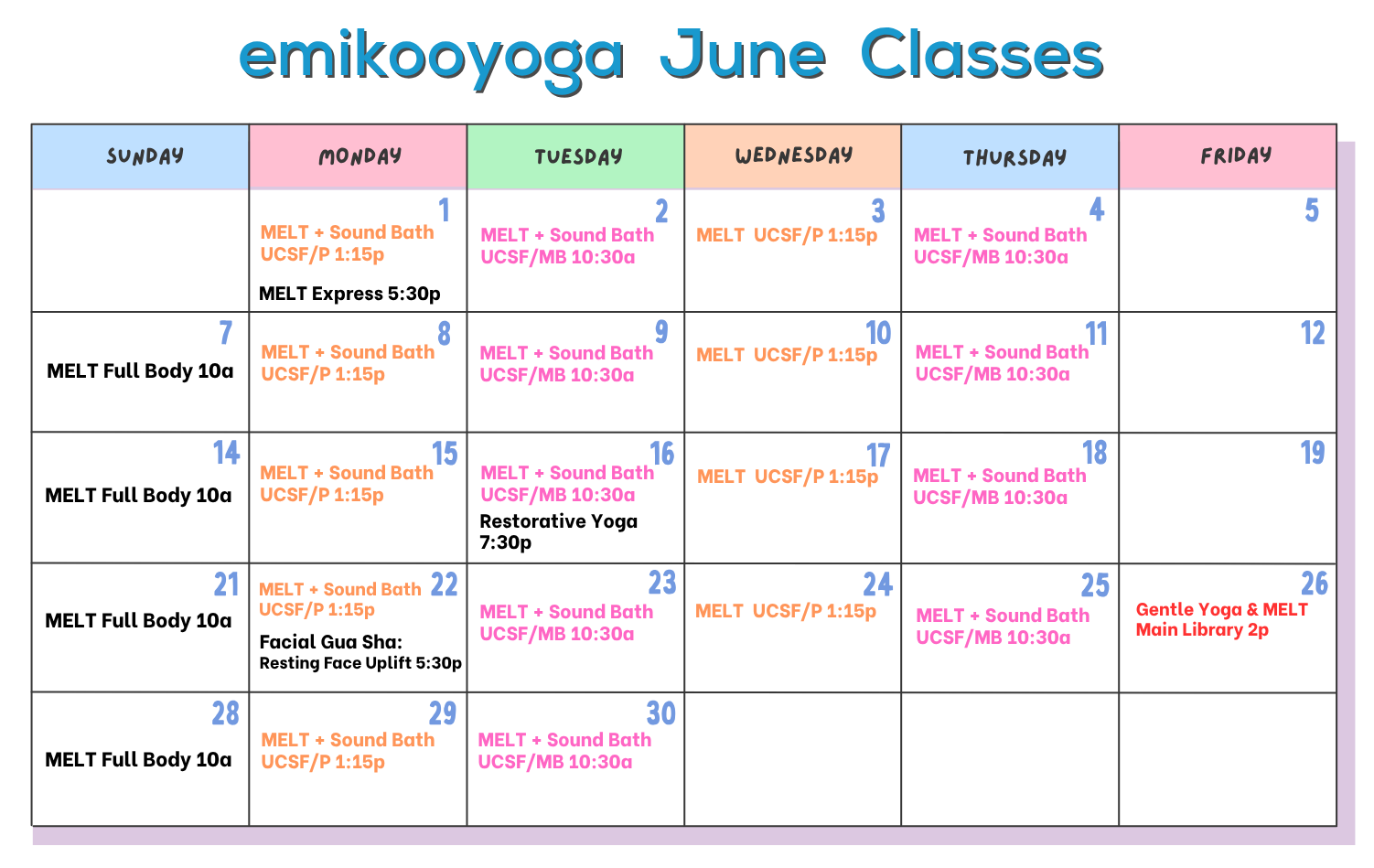 emikooyoga June 2026 class calendar